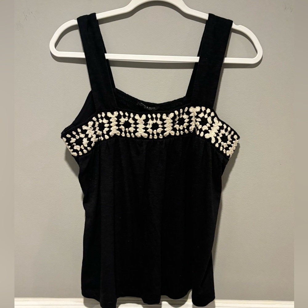 Women's Lucky Brand Black Top with Cream/Light Tan Crocheted Embroidery-…